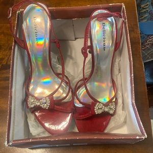 Delicious (r), Red heels with rhinestone bows. size 6.5